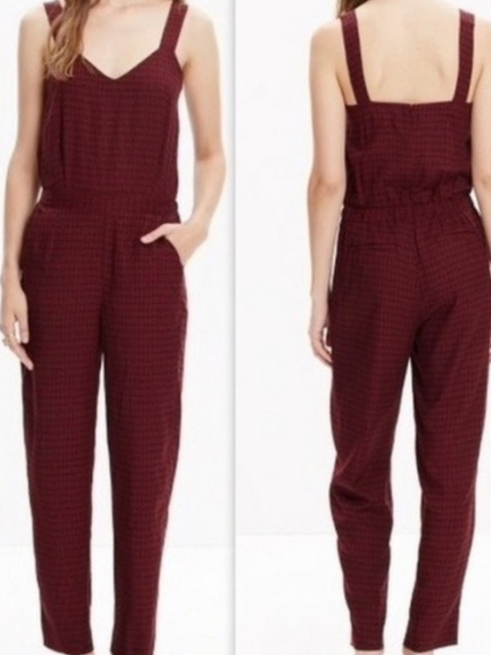 Madewell Tompkins Hashtag Jumpsuit Burgundy Print Sleeveless Medium
